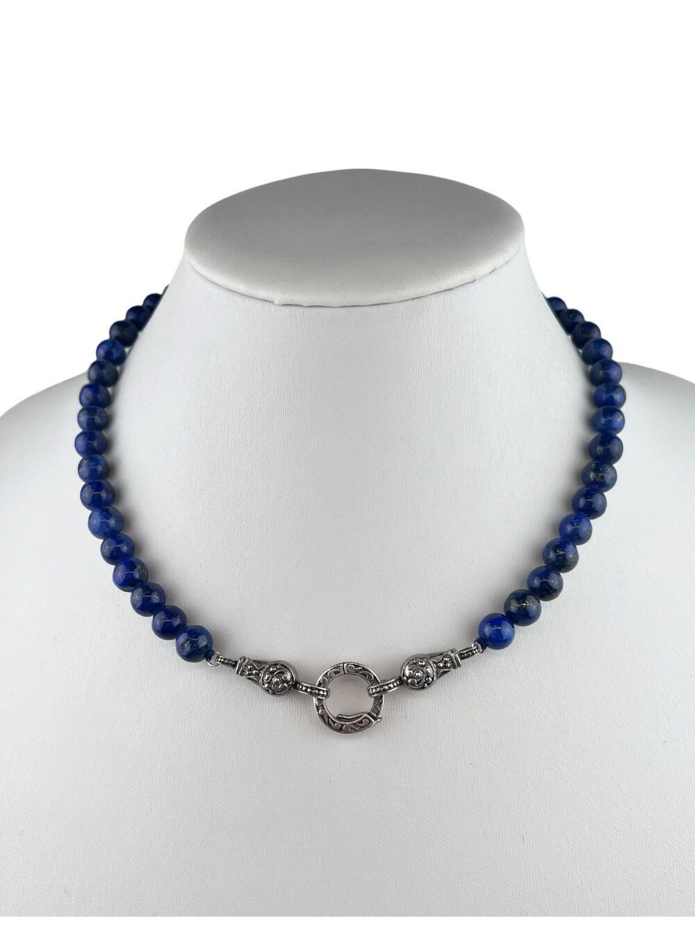 Vintage AF Lapis Lazuli 8mm Sterling Silver Necklace 17-19" Front & Back Clasp